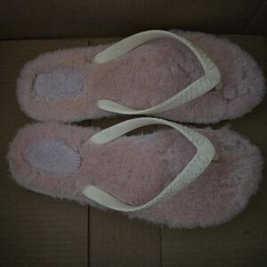 UGG Pink Faux-Fur Flip-Flop Slippers with Cream Straps